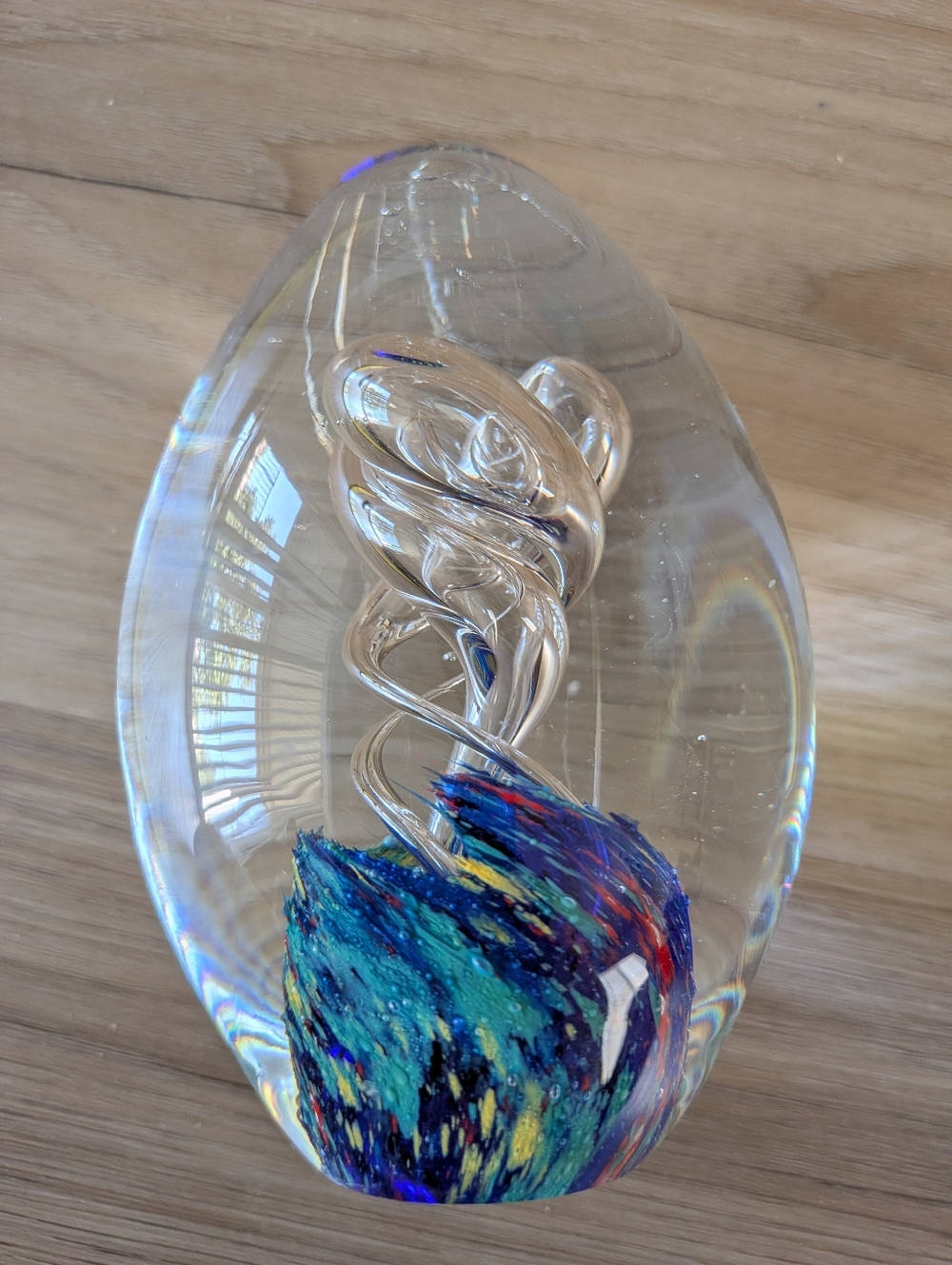 Vintage Clear Glass Art Egg Paper Weight - Blue Multicolor Core Paperweight